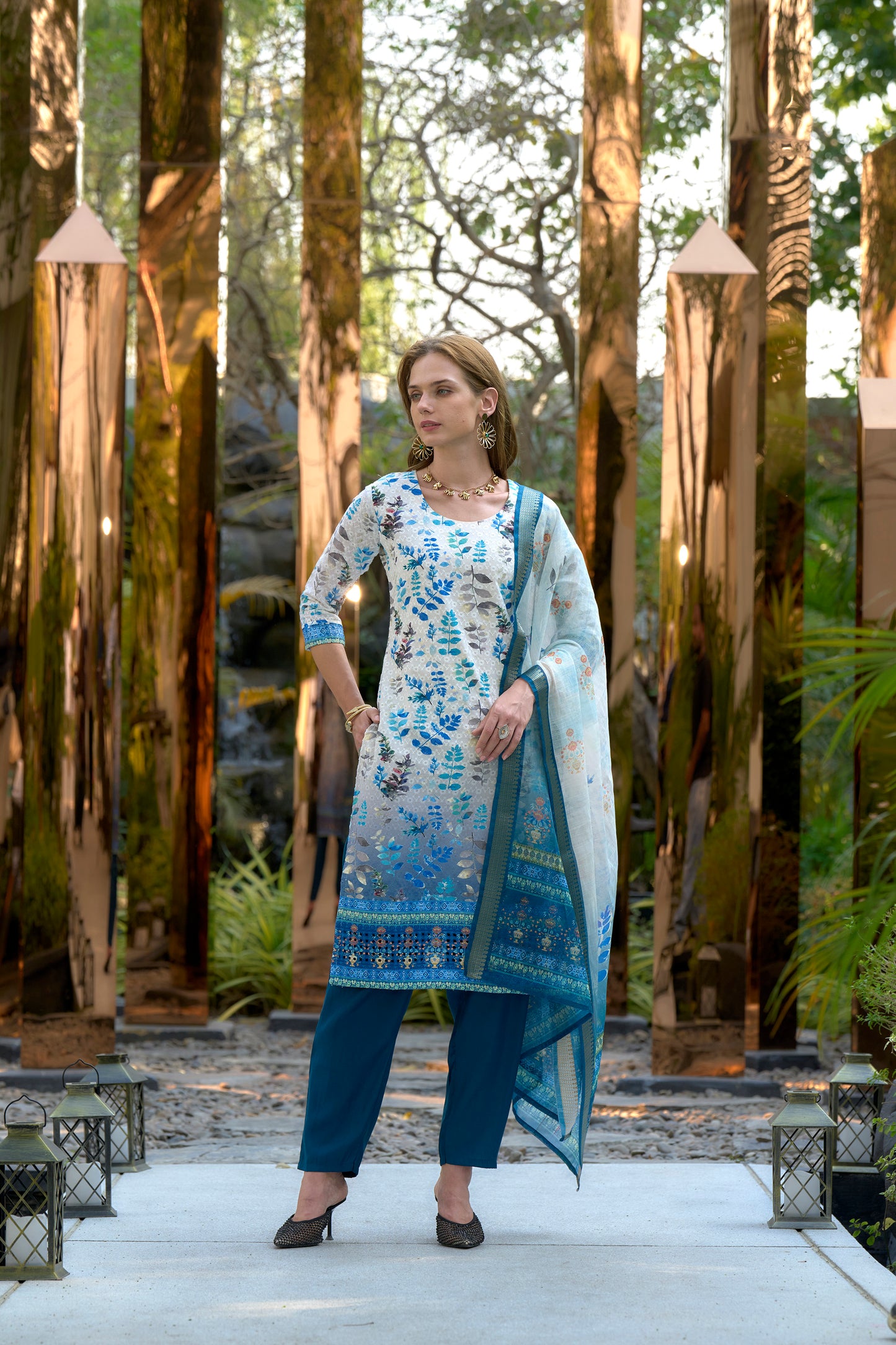 White Printed Cotton Kurta Set