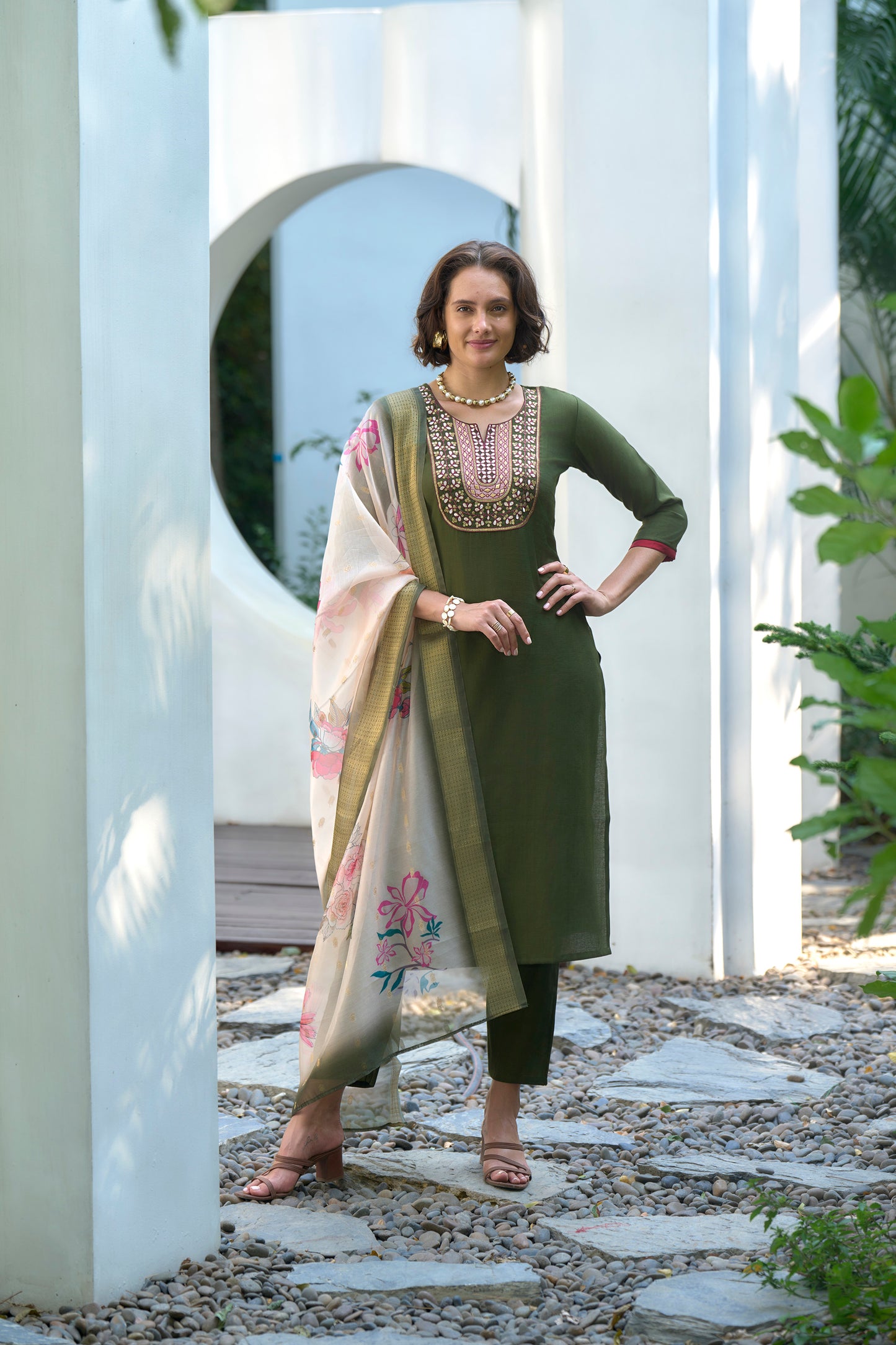 Olive Green Embroidered Kurta Set