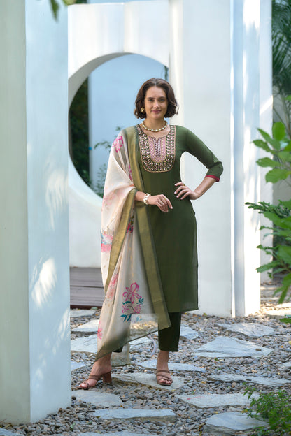 Olive Green Embroidered Kurta Set