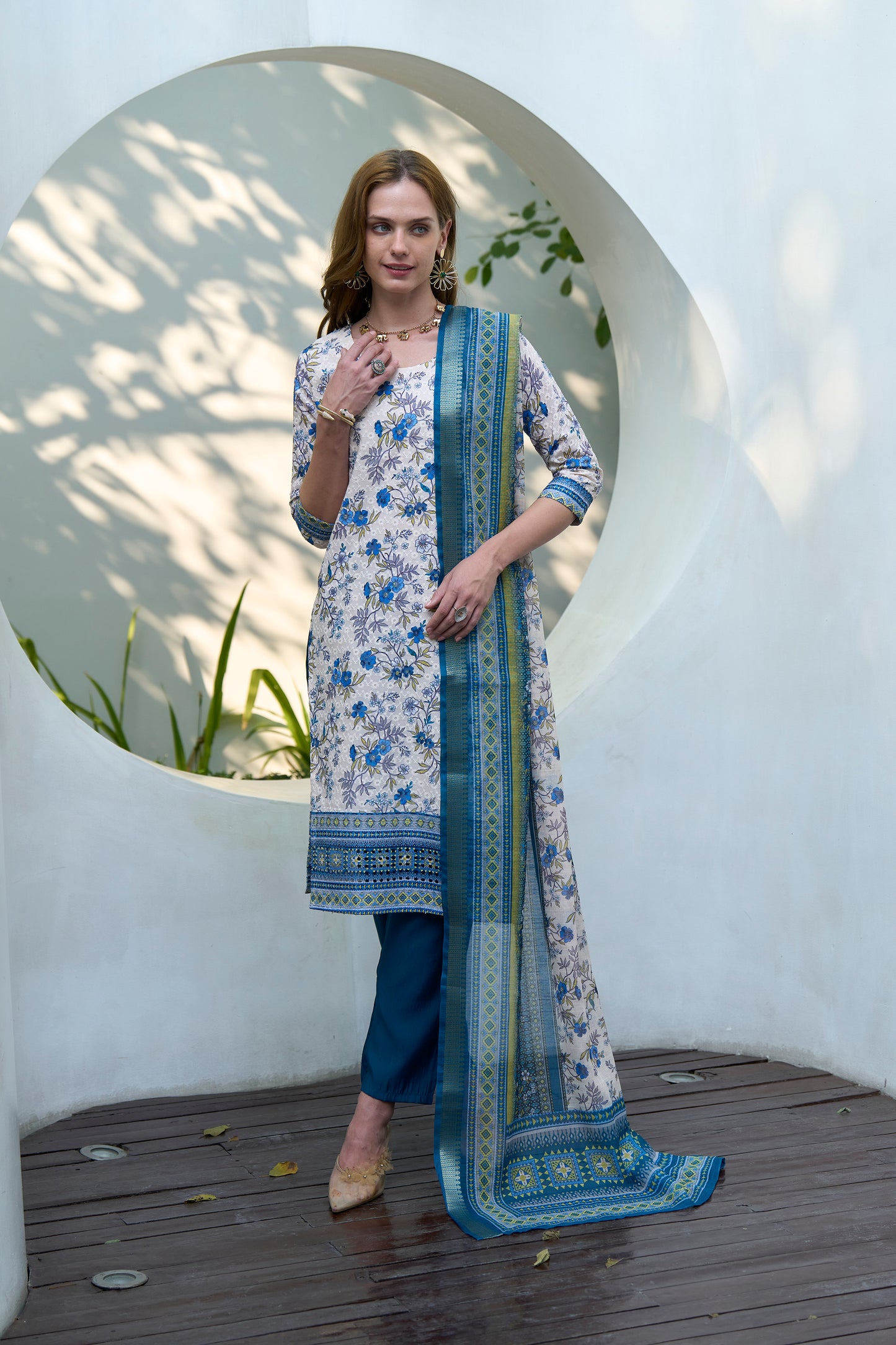 White Cotton Printed Kurta Set