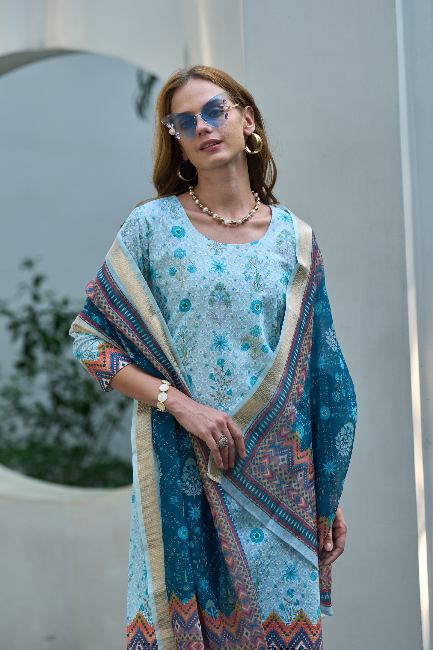 Sky Blue Cotton Printed Kurta Set