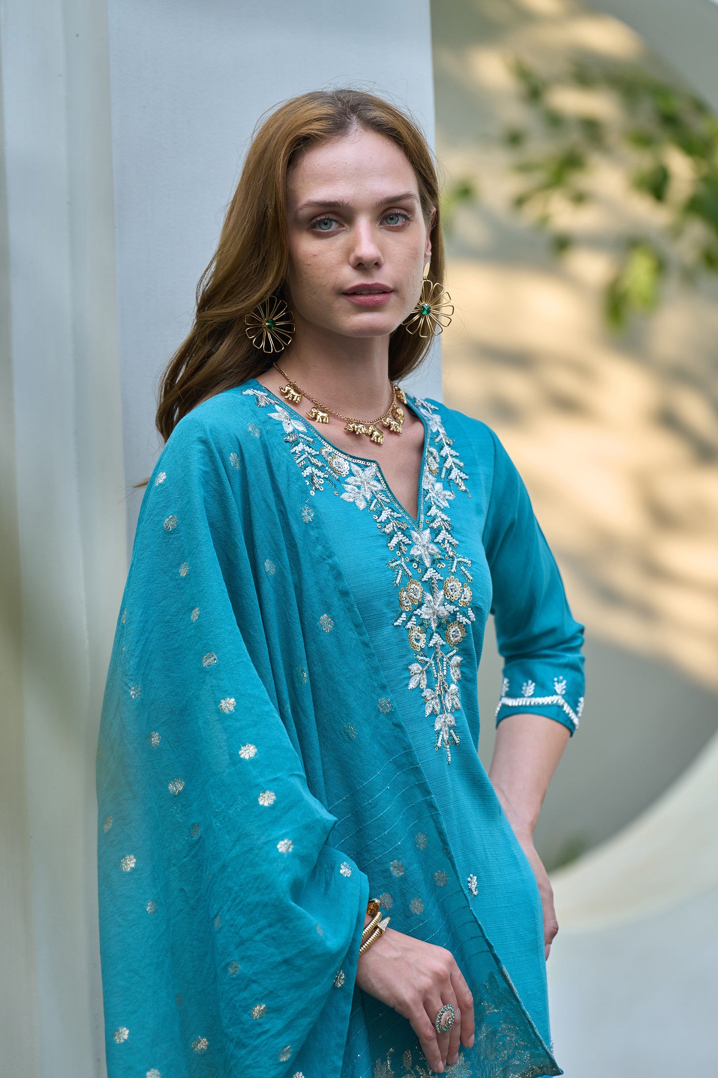 Teal Blue Embroidered Kurta Set