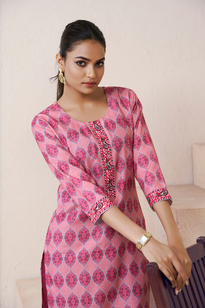 Libas Floral Printed Thread Work Band Collar Cotton Straight Kurta
