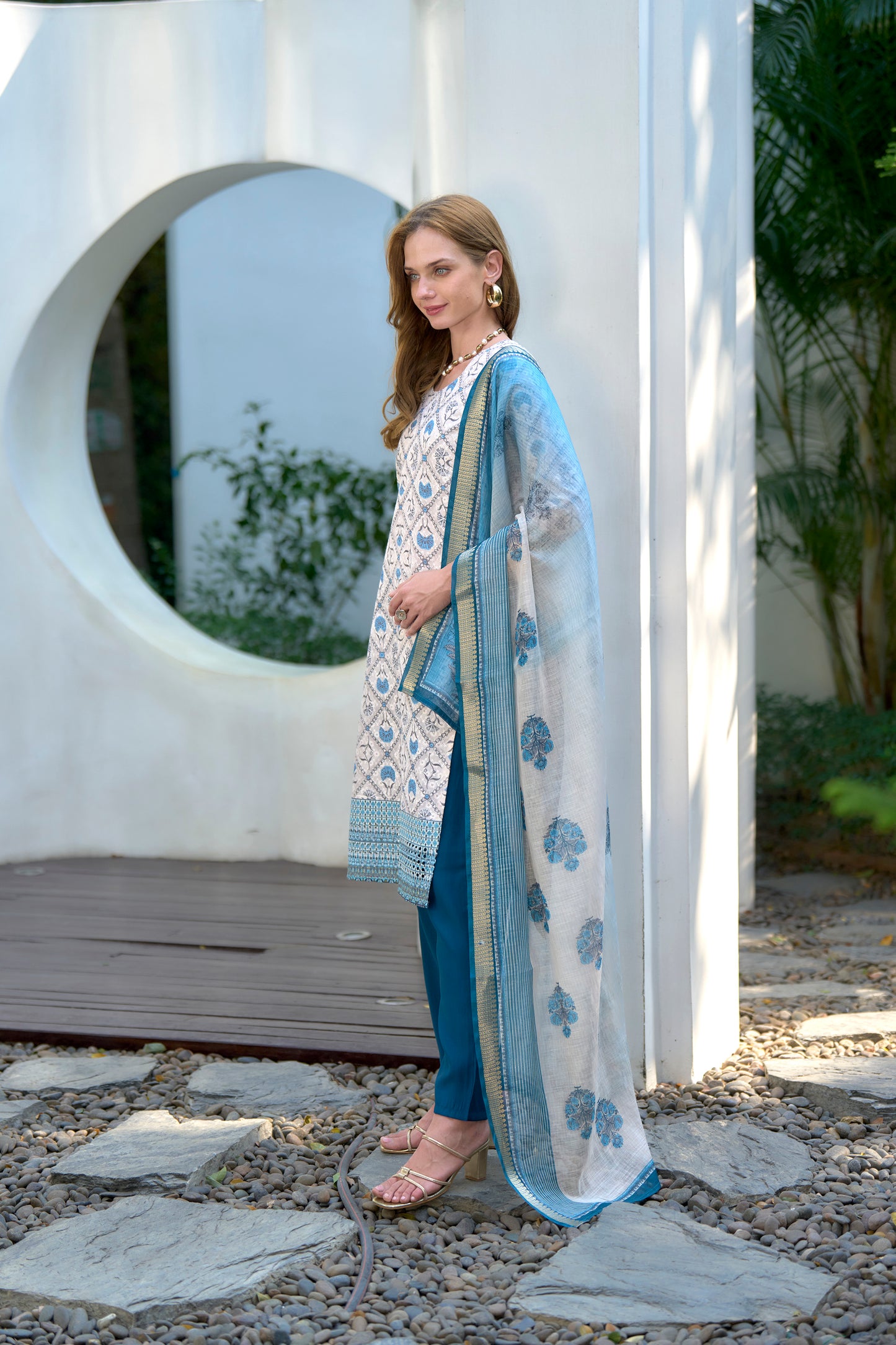 White Printed Cotton Kurta Set