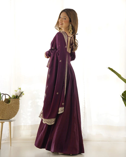 PURE ROMANSILK CHANDERI FABRIC FULLY FLARED ANARKALI, WITH DUPATTA SET AND PANTS, READY TO WEAR.