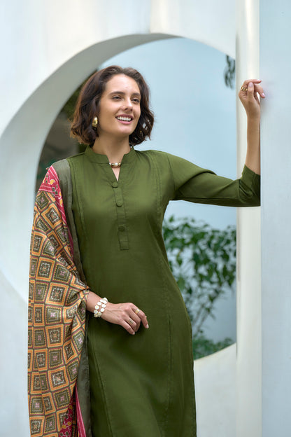 Olive Green Kurta Set with Geometric Printed Dupatta