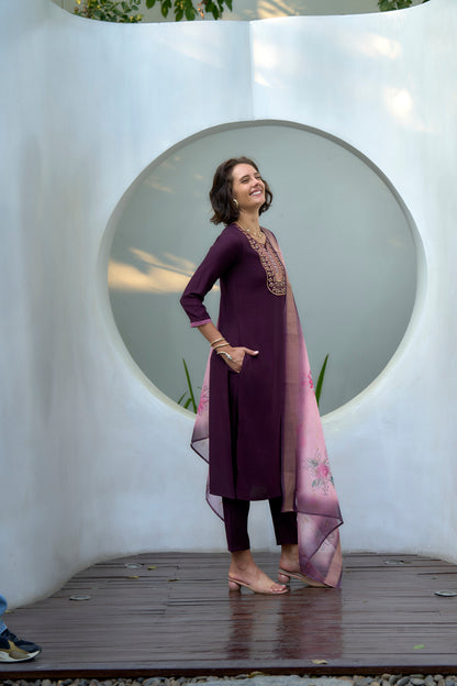 Plum Embroidered Kurta Set