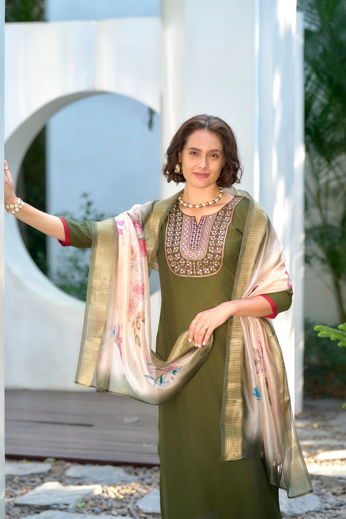 Olive Green Embroidered Kurta Set