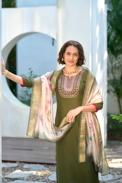 Olive Green Embroidered Kurta Set