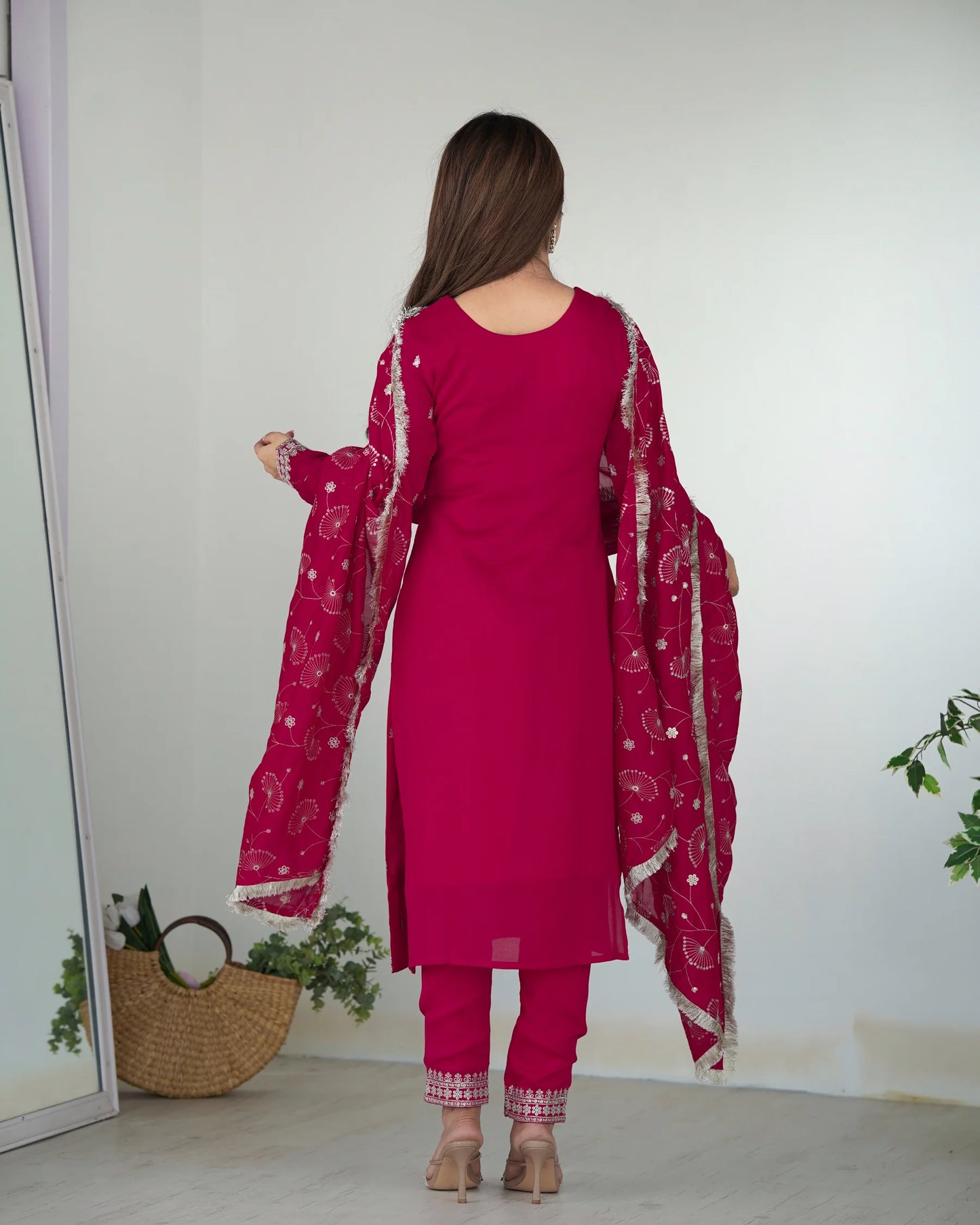 EXQUISITE MAGENTA VICHITRA SILK KURTA SET WITH EMBROIDERED DUPATTA