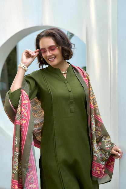 Olive Green Kurta Set with Geometric Printed Dupatta