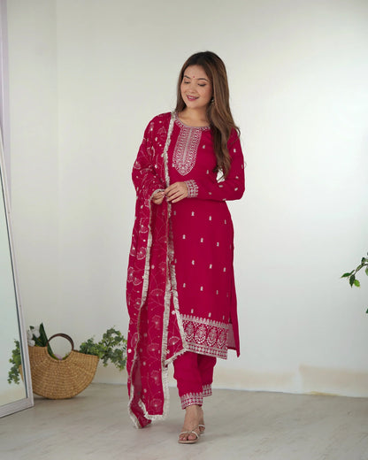 EXQUISITE MAGENTA VICHITRA SILK KURTA SET WITH EMBROIDERED DUPATTA