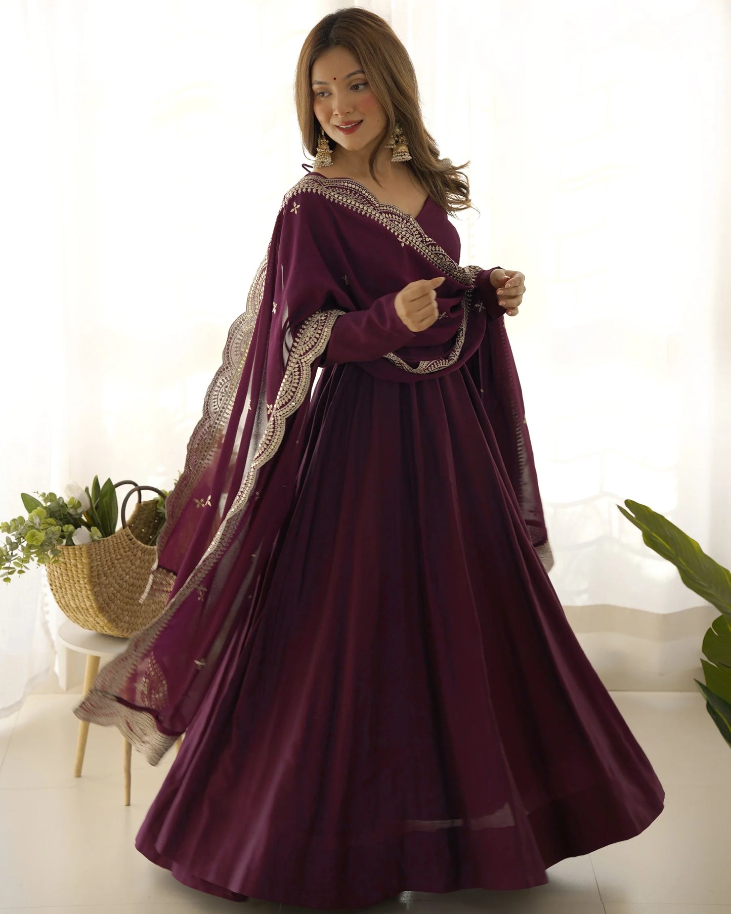 PURE ROMANSILK CHANDERI FABRIC FULLY FLARED ANARKALI, WITH DUPATTA SET AND PANTS, READY TO WEAR.