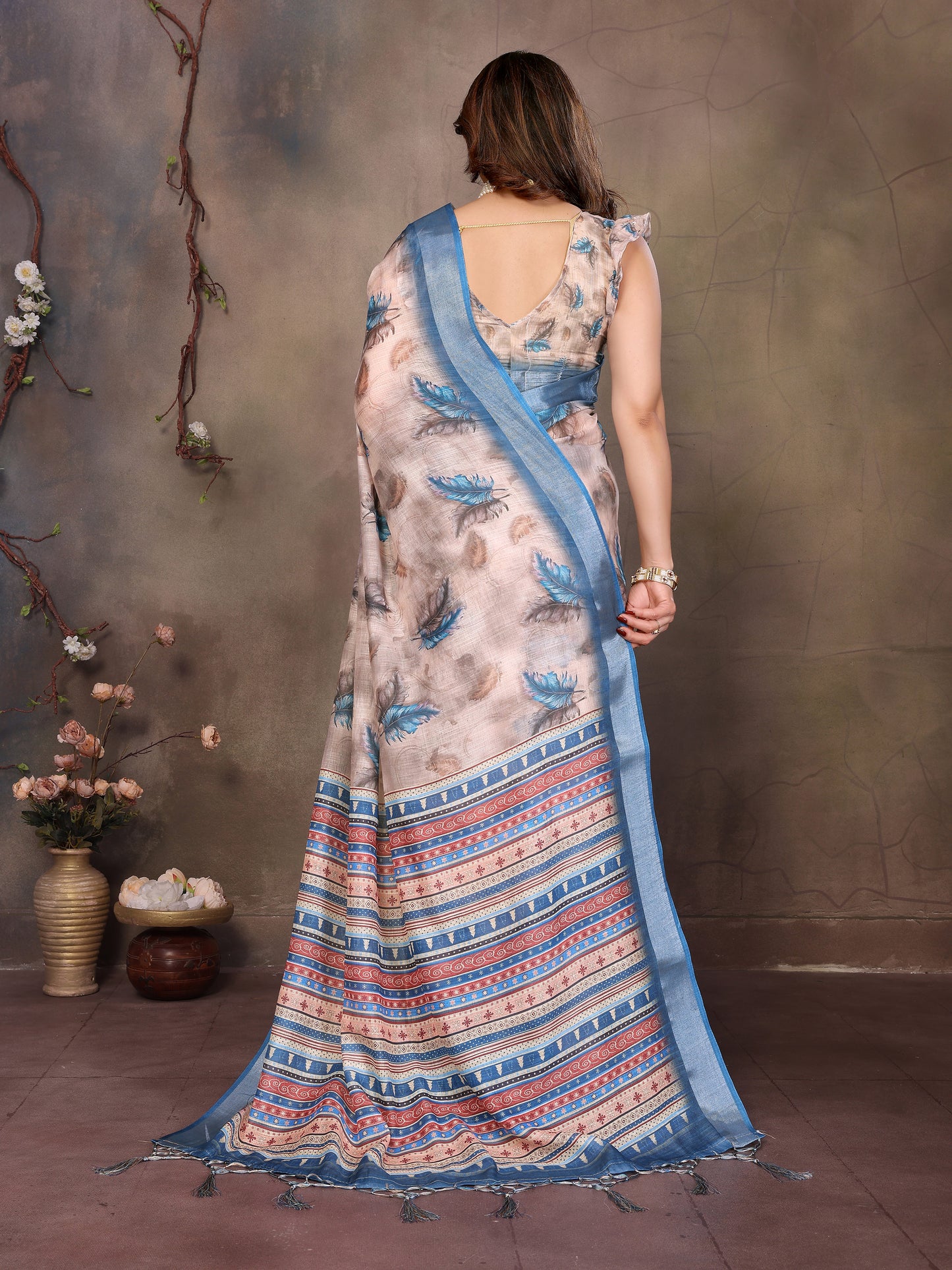 Floral Indigo Linen cotton saree