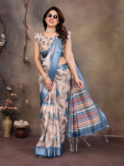 Floral Indigo Linen cotton saree