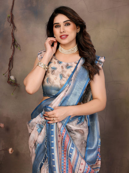 Floral Indigo Linen cotton saree