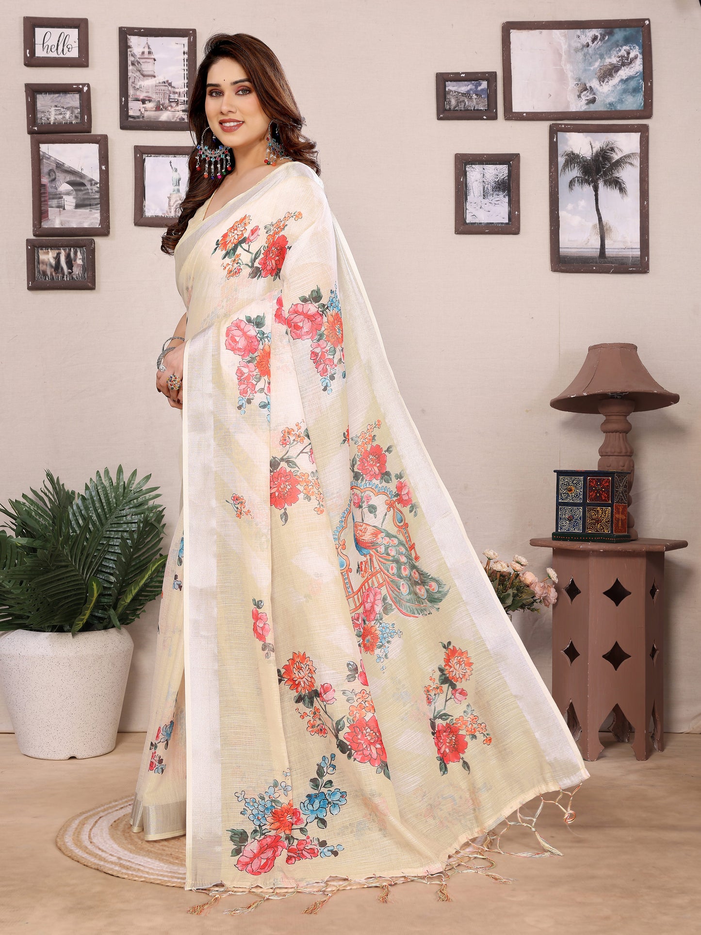Ivory Pure Cotton Linen Saree