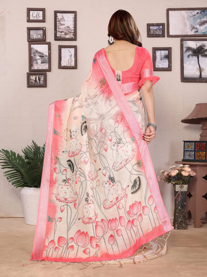 Elegant Rose Pink Pure Cotton Linen Saree