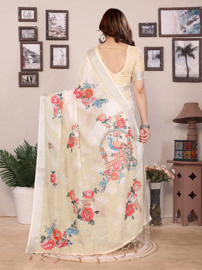 Ivory Pure Cotton Linen Saree