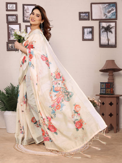 Ivory Pure Cotton Linen Saree