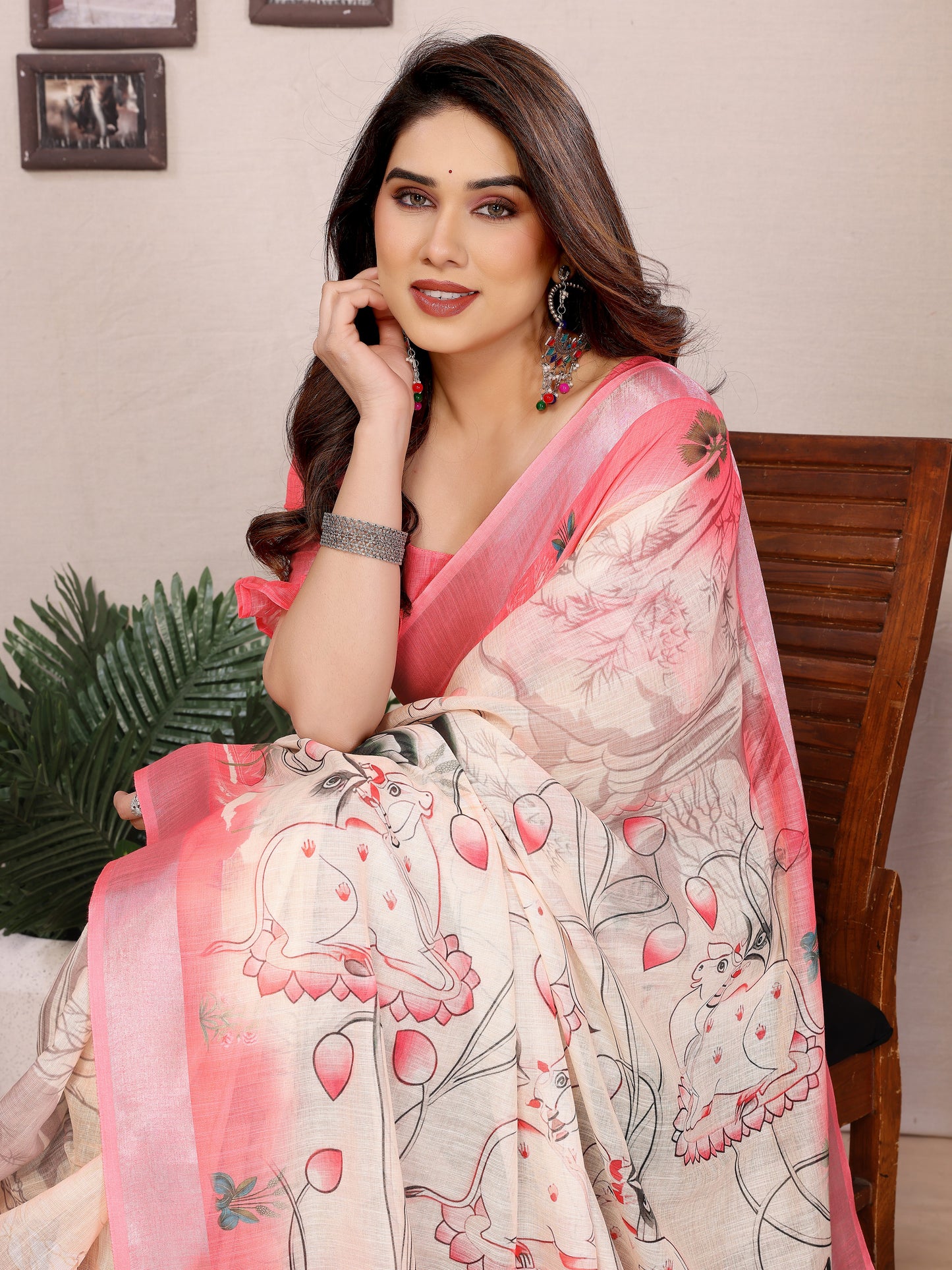 Elegant Rose Pink Pure Cotton Linen Saree