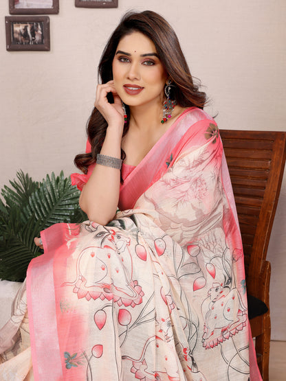 Elegant Rose Pink Pure Cotton Linen Saree