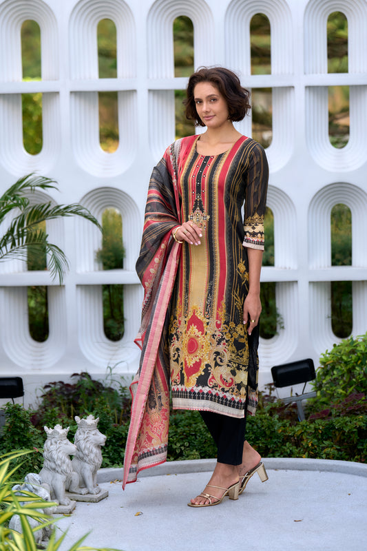Pure Cotton Pleated A-Line Kurta with Trousers and Dupatta