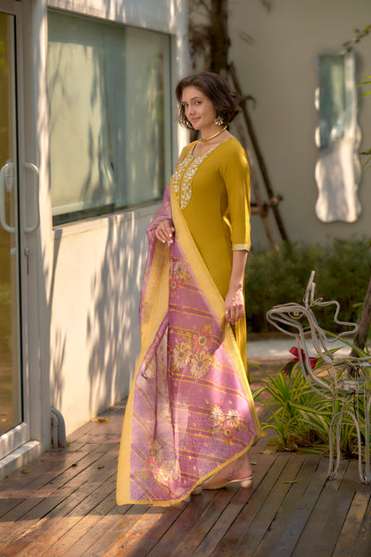Yellow Mustard Embroidered Kurta Set