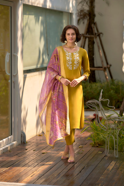 Yellow Mustard Embroidered Kurta Set