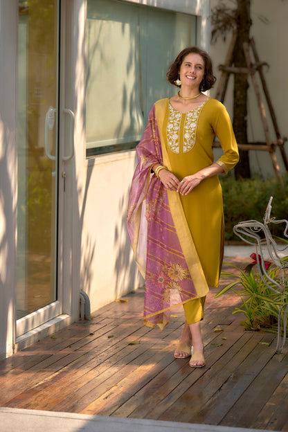 Yellow Mustard Embroidered Kurta Set