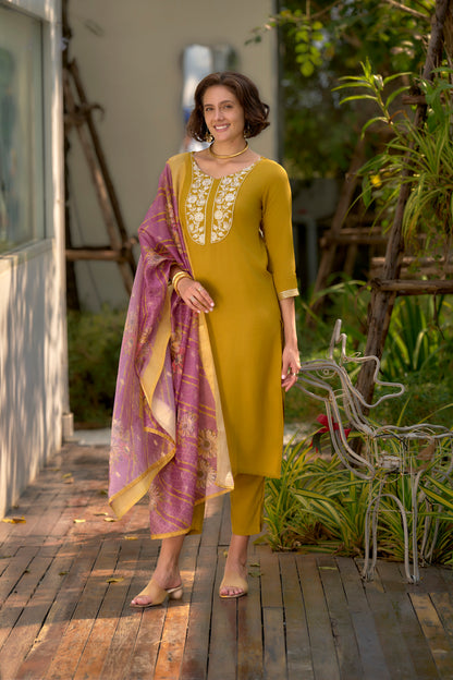 Yellow Mustard Embroidered Kurta Set