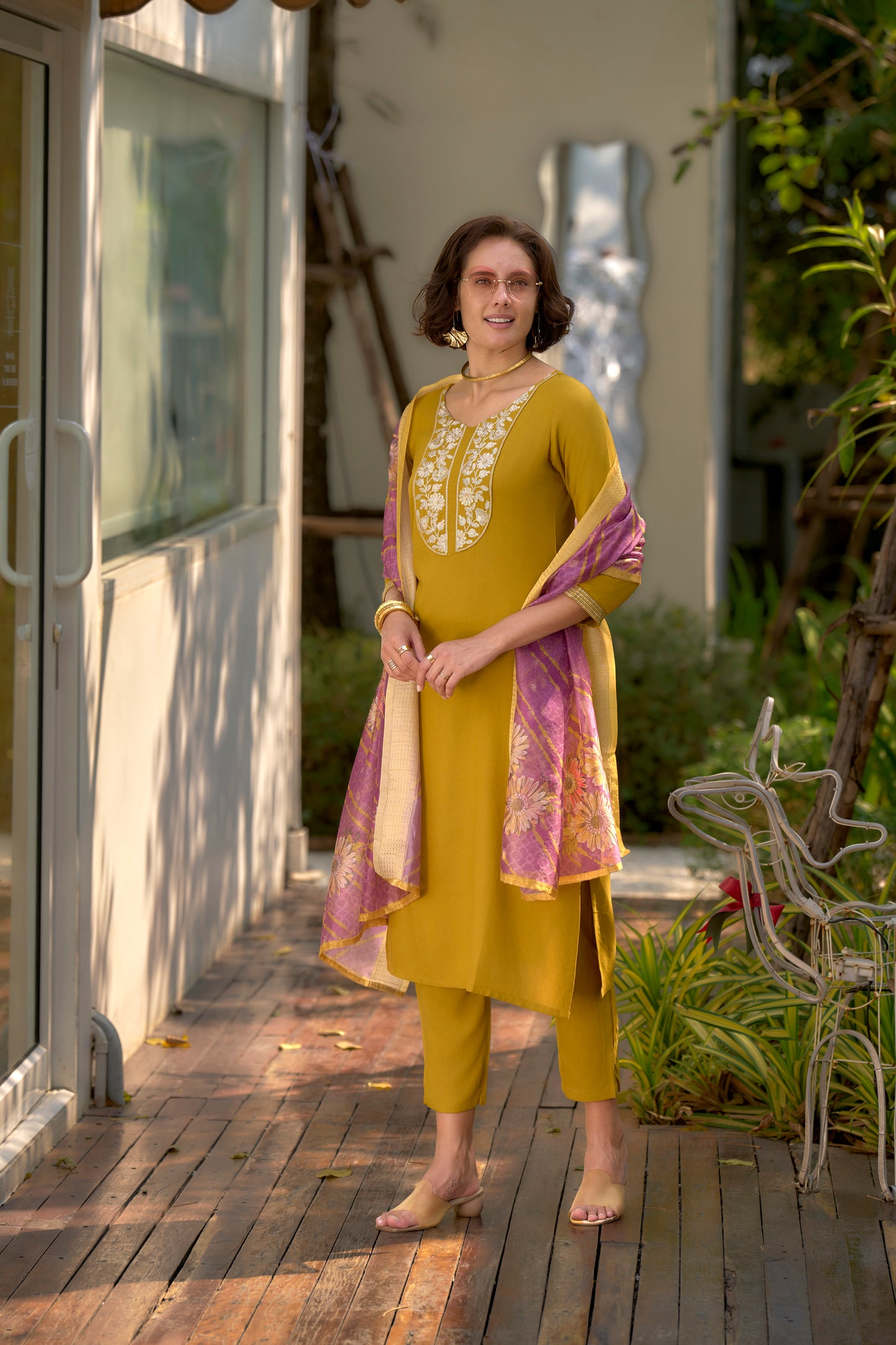 Yellow Mustard Embroidered Kurta Set