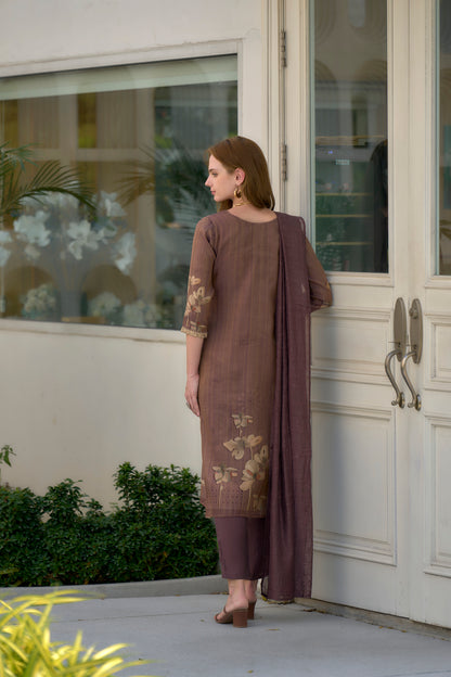Brown Embroidered Tissue Kurta Set