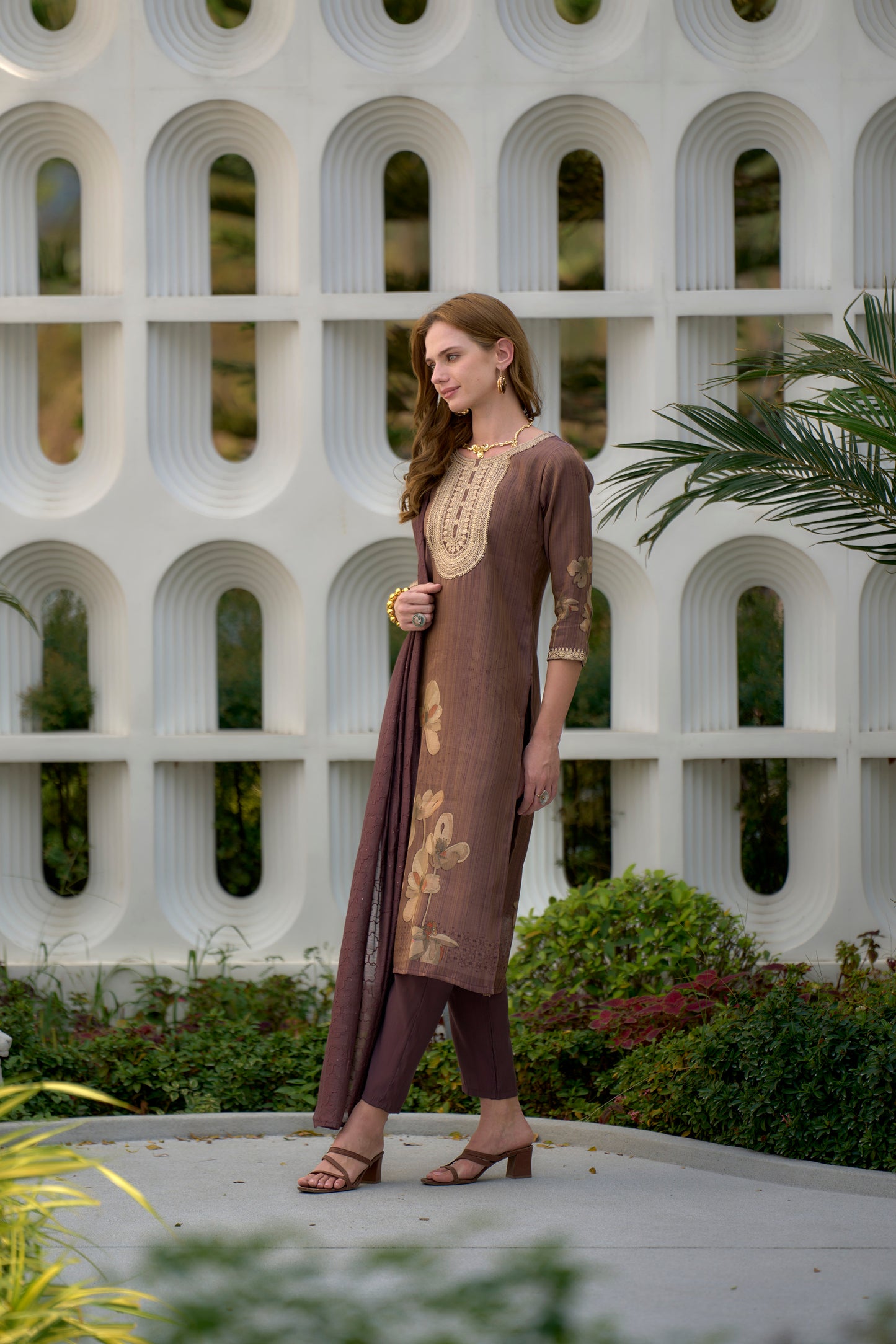 Brown Embroidered Tissue Kurta Set