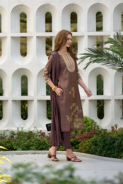 Brown Embroidered Tissue Kurta Set