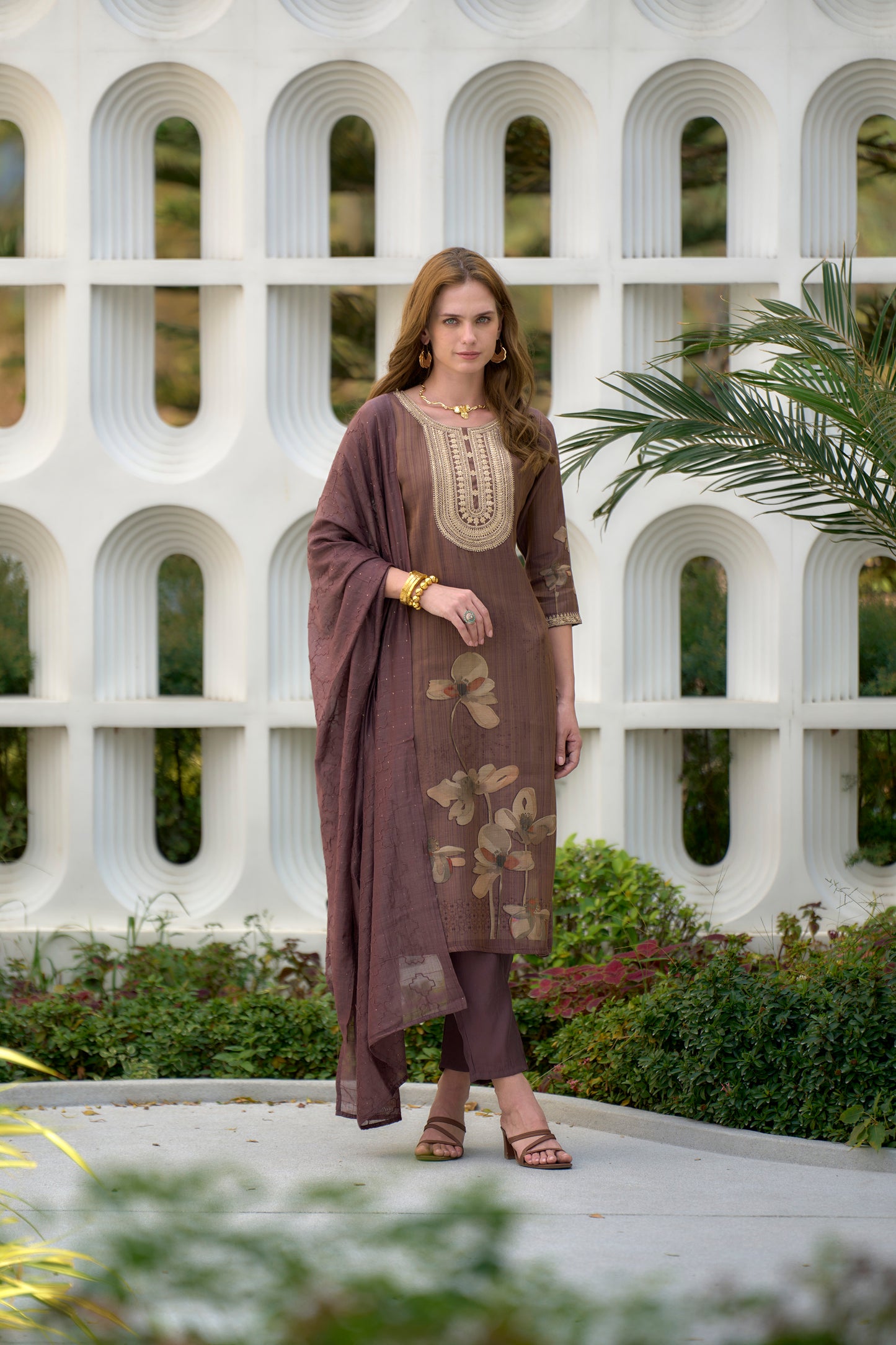 Brown Embroidered Tissue Kurta Set