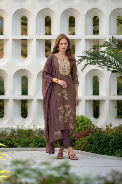 Brown Embroidered Tissue Kurta Set