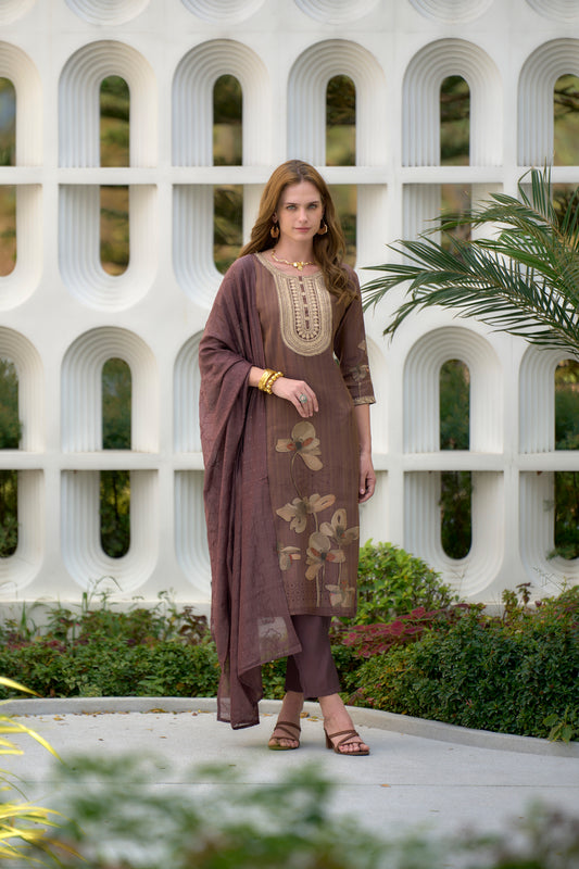Brown Embroidered Tissue Kurta Set