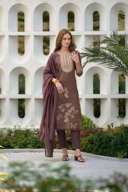 Brown Embroidered Tissue Kurta Set
