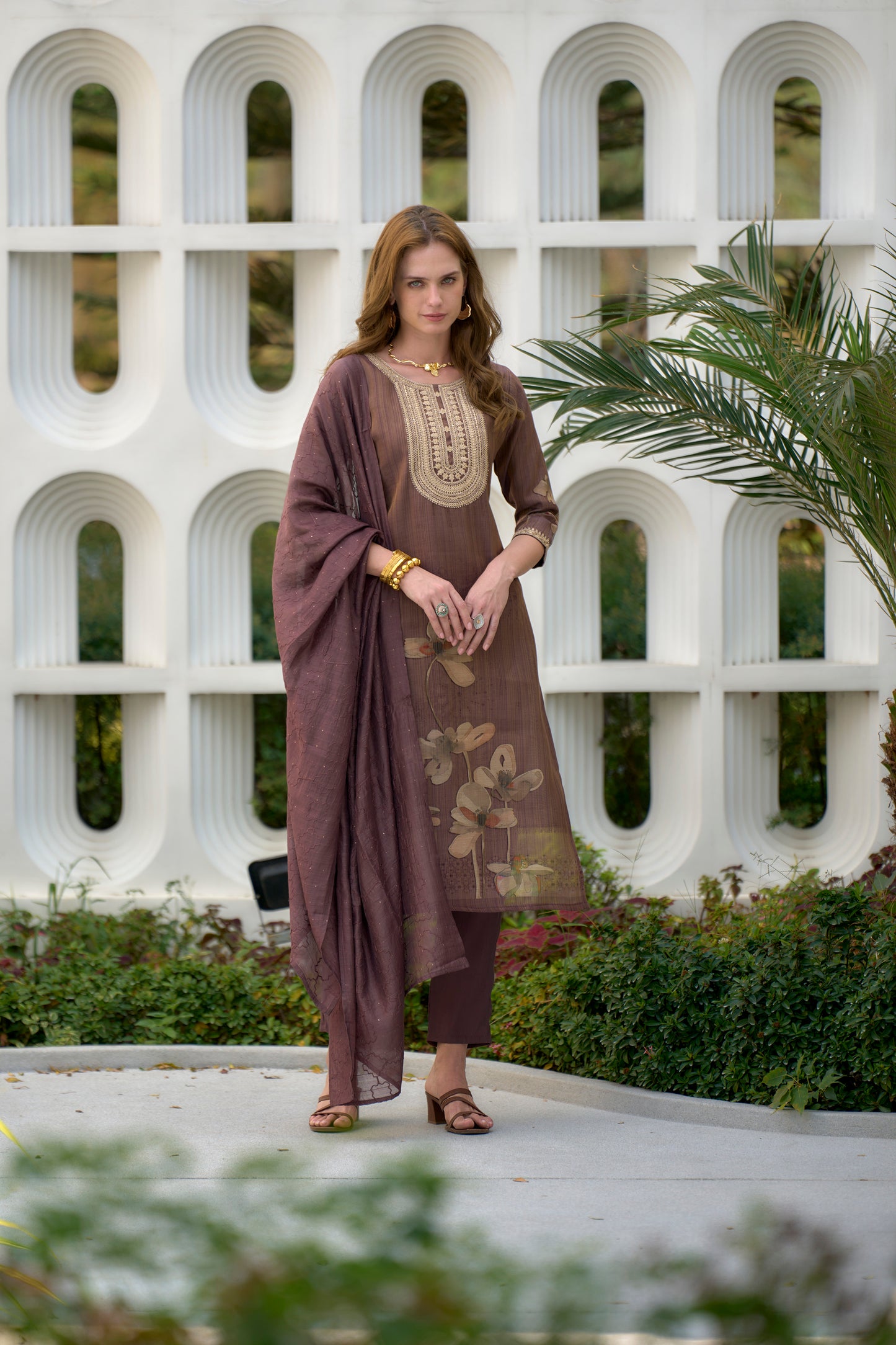 Brown Embroidered Tissue Kurta Set