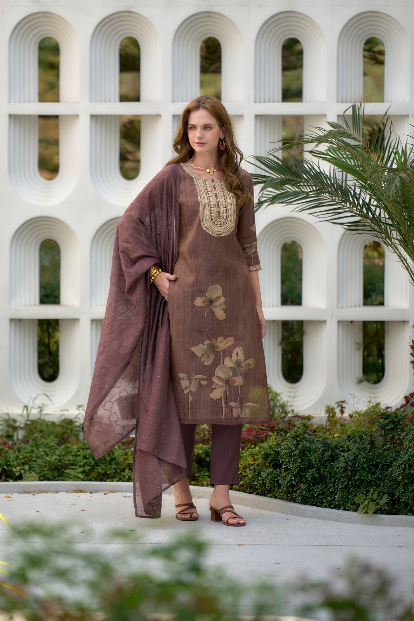 Brown Embroidered Tissue Kurta Set