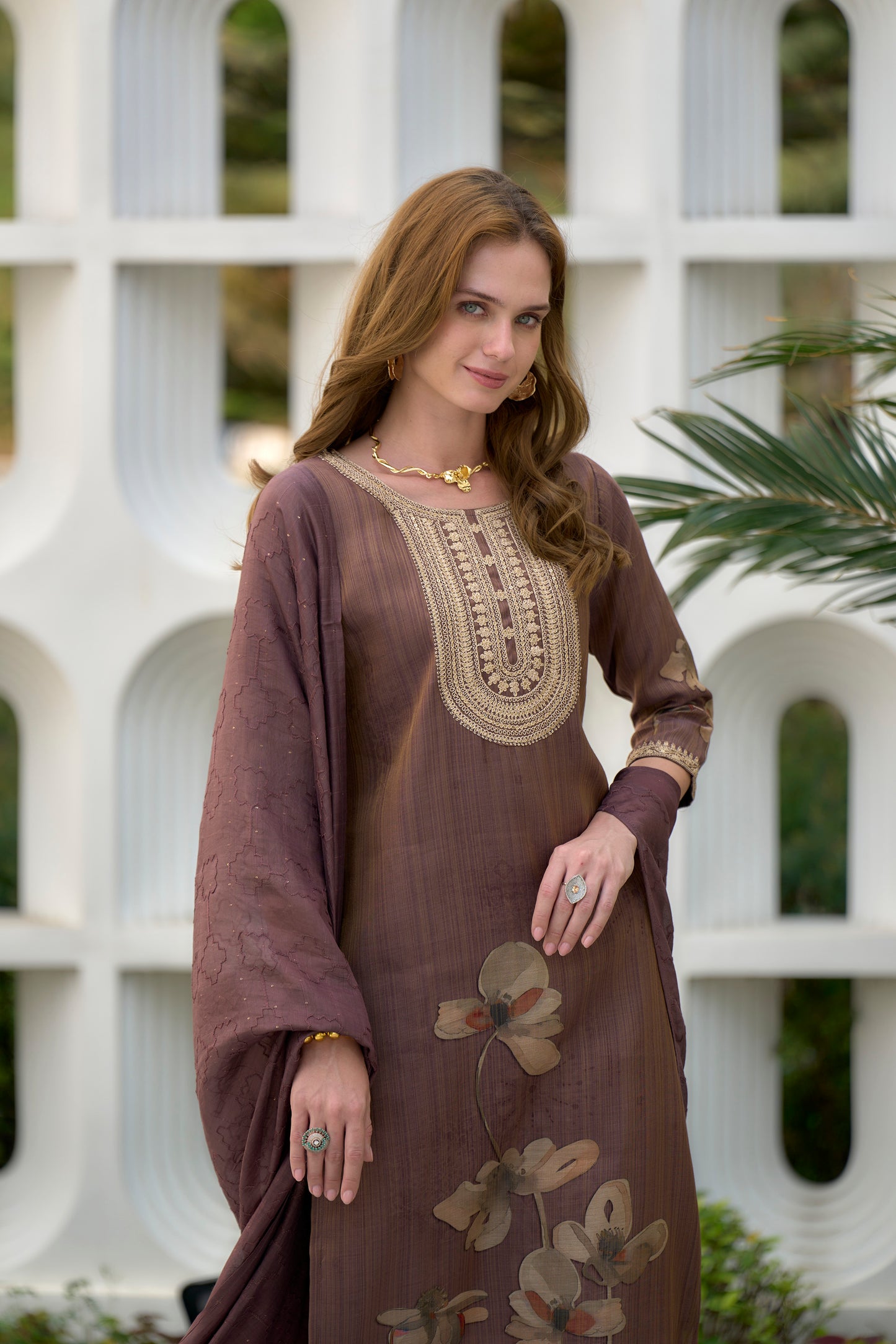 Brown Embroidered Tissue Kurta Set