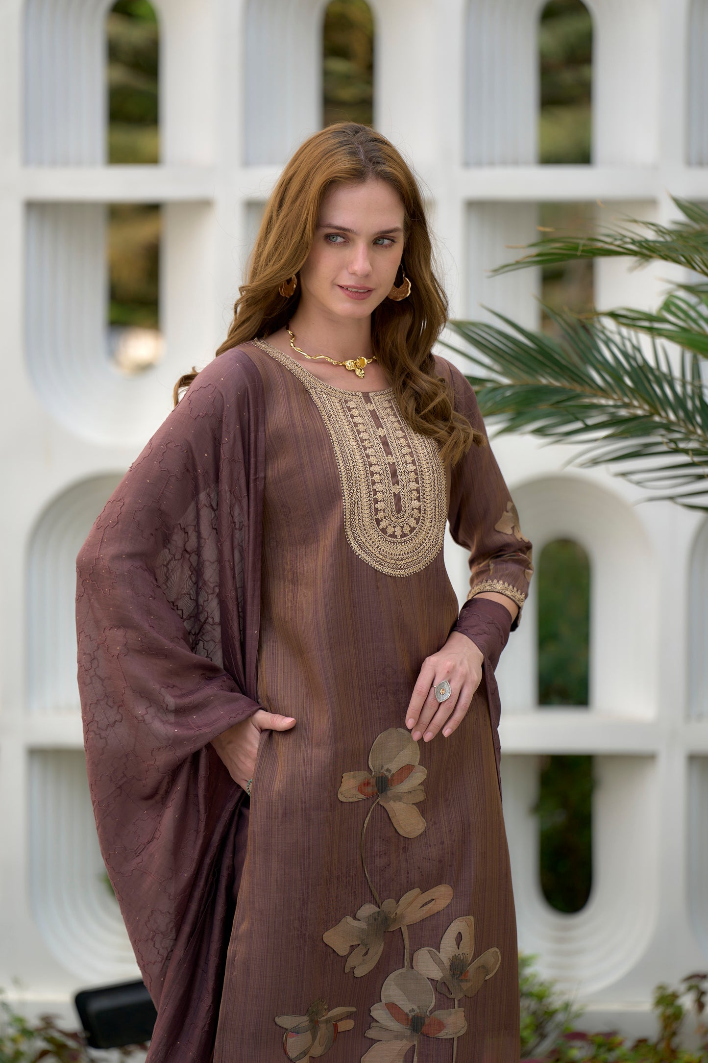 Brown Embroidered Tissue Kurta Set