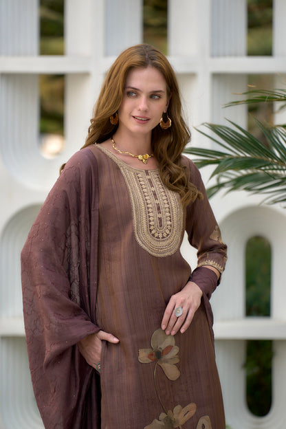 Brown Embroidered Tissue Kurta Set