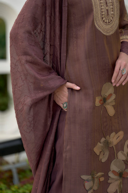 Brown Embroidered Tissue Kurta Set