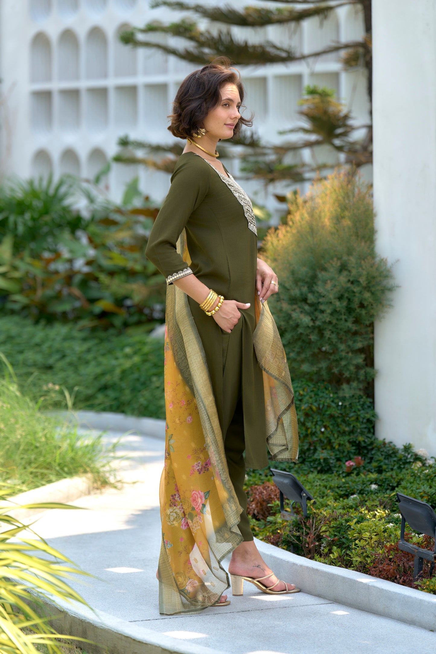 Mehndi Green Embroidered Kurta Set