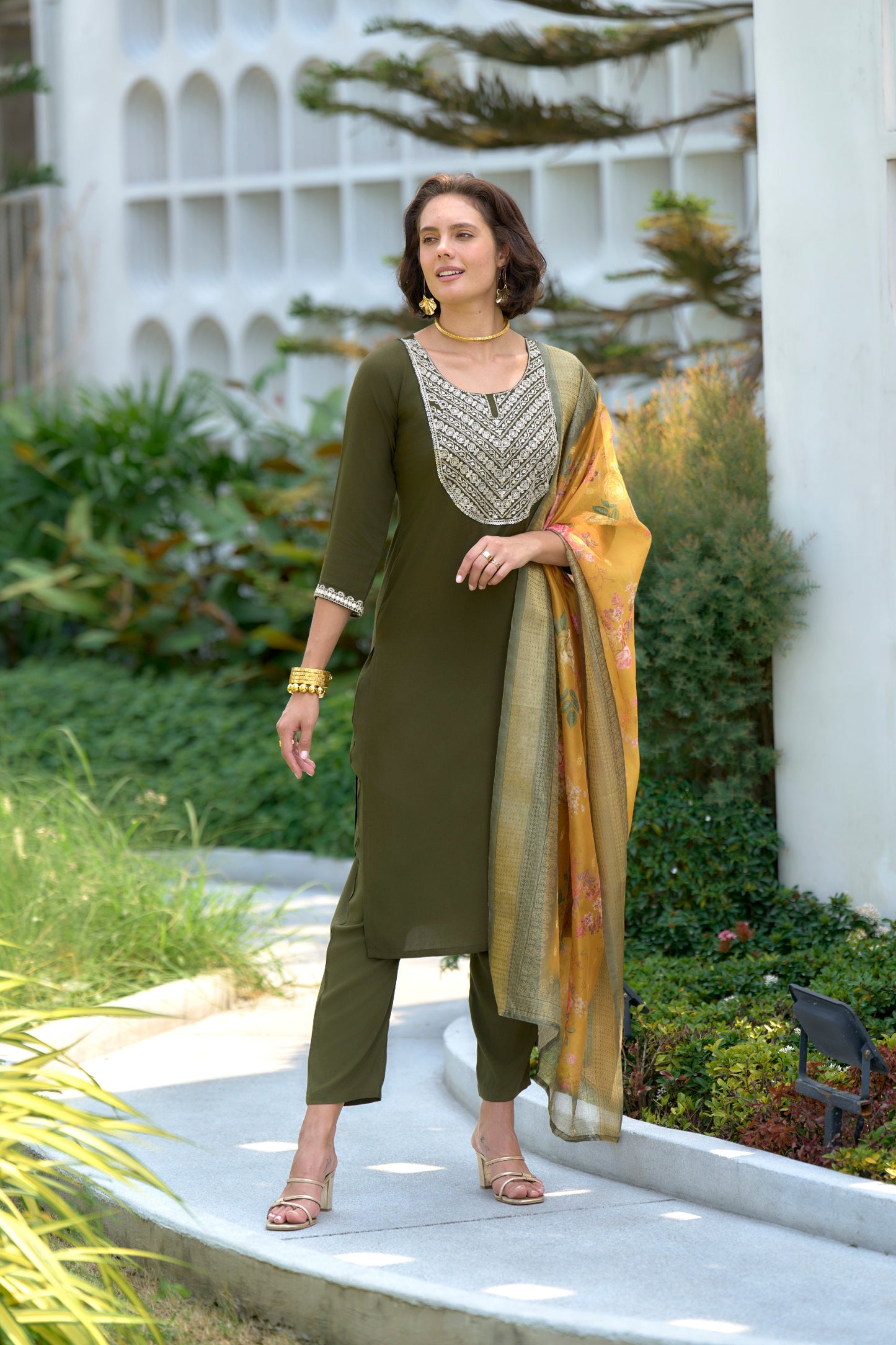 Mehndi Green Embroidered Kurta Set