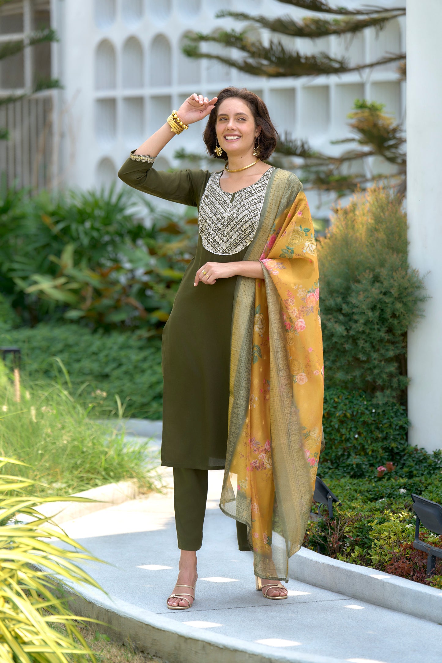 Mehndi Green Embroidered Kurta Set