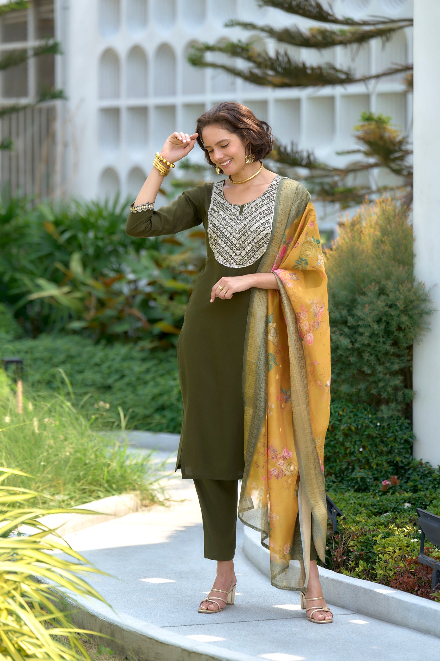 Mehndi Green Embroidered Kurta Set