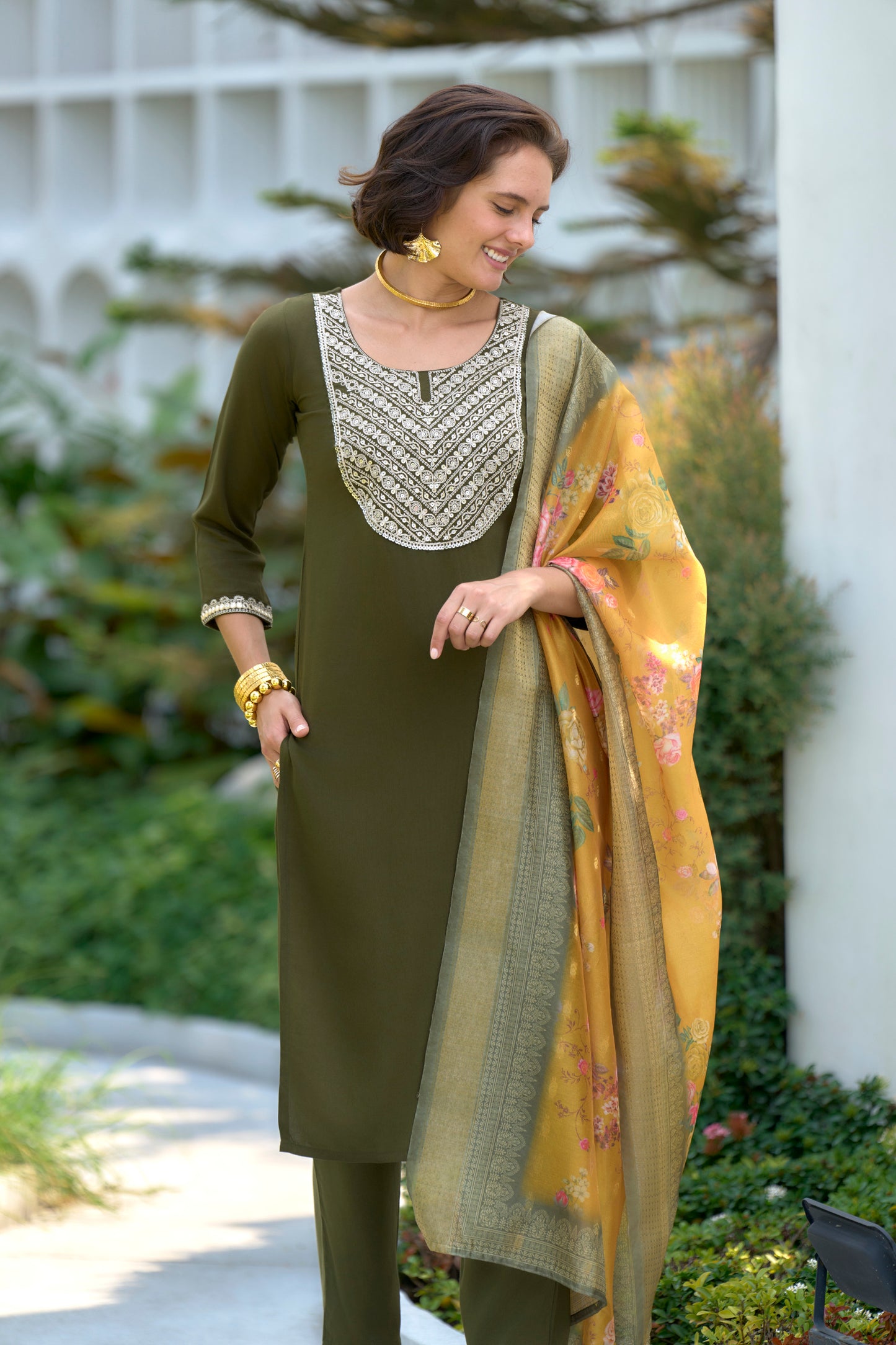 Mehndi Green Embroidered Kurta Set
